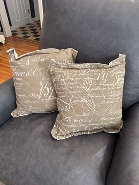 Taupe Script Accent Pillows (2) - Elegant Decorative Throw Pillows 16” Square